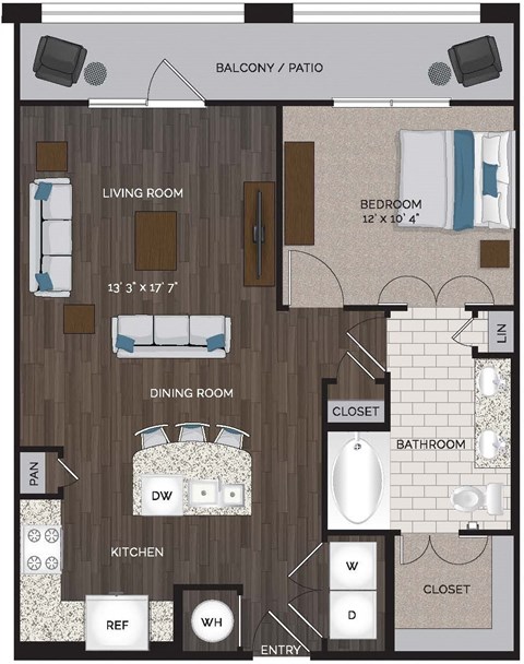 A floor plan of an apartment with a living room, dining room, kitchen, bedroom, bathroom, and closet.